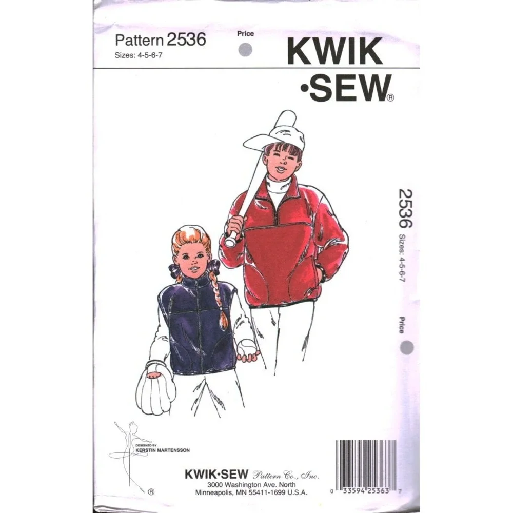 Kwik Sew 2536 Kids Pullover and Vest Sewing Pattern Sizes 4-5-6-7 Fleece Knit